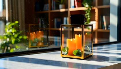 Create a warm ambiance with an elegant lantern, glowing candles, and coffee mug, perfect for cozy home decor and relaxing moments by the window
