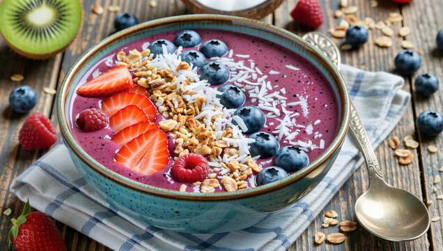 Colorful acai smoothie bowl with fresh berries, granola, and coconut flakes on a wooden table