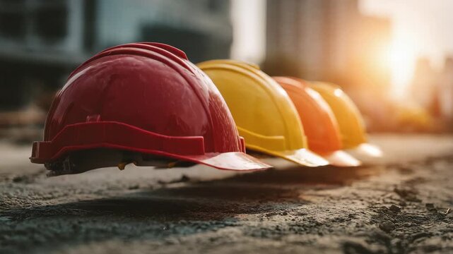 Row Of Colorful Hard Hats Lined Up On A Wet Construction Site Ground With Sunlight Shining Through In The Background