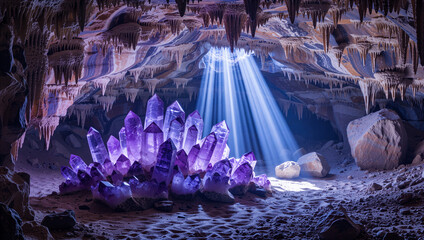 Stunning purple amethyst crystals illuminated by a divine light beam in a mysterious underground cave