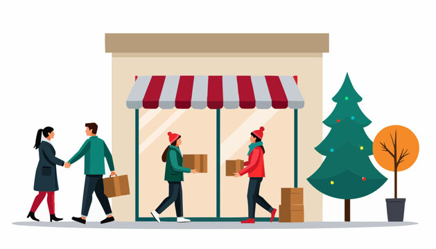 People carrying boxes outside store entrance in winter coats near a Christmas tree  