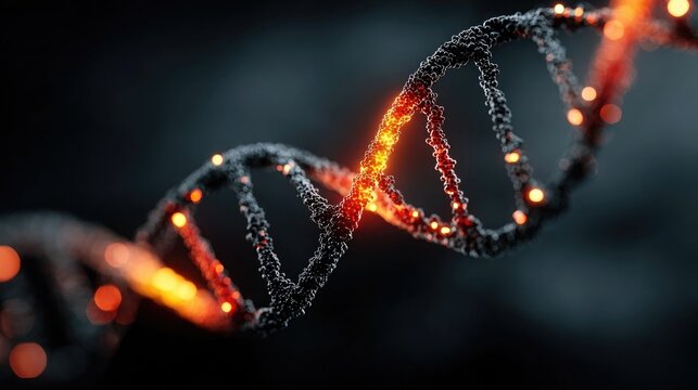 Neon biotech circuit glowing with electric DNA and tech lines, futuristic genetic engineering interface with vibrant neon design on dark background