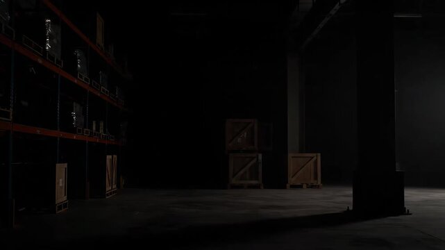 Warehouse interior with beam of red light, shelving and crates
