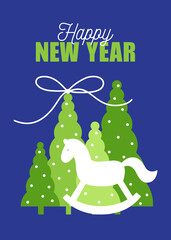 New Year greeting card.
Illustration of the decorative Christmas trees and white rocking horse