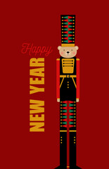 New Year greeting card. Illustration of the teddy bear figurine in the nutcracker soldier costume