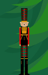 Illustration of the teddy bear figurine in the nutcracker soldier costume under the Christmas tree
