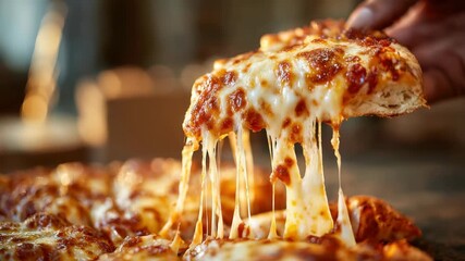 Close Up Of A Hand Lifting A Cheesy Slice Of Pepperoni Pizza With Long Stretchy Cheese Pulls In Warm Lighting With Blurred Background Food Photography