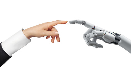 White cyborg robotic hand pointing his finger to human hand with stretched finger - cyber la creation - isolated on free PNG background.