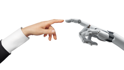 White cyborg robotic hand pointing his finger to human hand with stretched finger - cyber la creation - isolated on free PNG background.