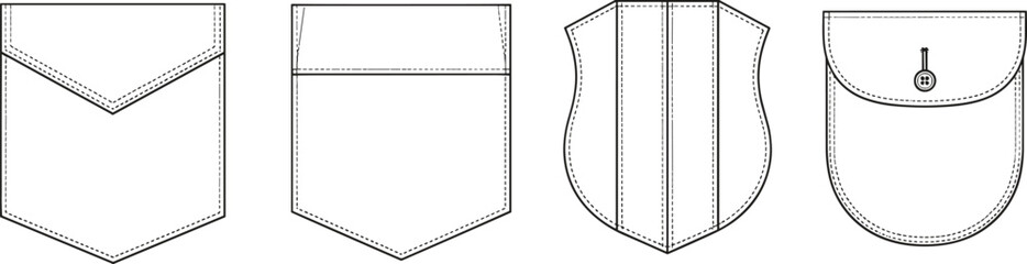 Vector fashion pocket design templates, detailed sewing pattern outlines for garment construction, apparel illustration, clothing design reference, editable technical template
