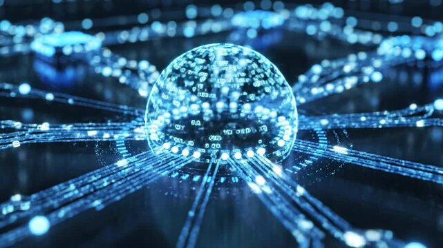 Digital network sphere glowing with blue light and binary code, futuristic technology concept showing data flow and communication complex network with illuminated nodes and lines representing
