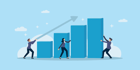 Teamwork and growth on a blue background with a bar chart