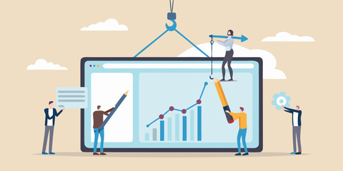 Team collaborating on a growing business chart on a large screen