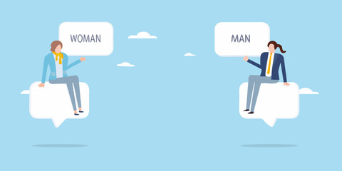 Man and woman sitting on speech bubbles representing communication