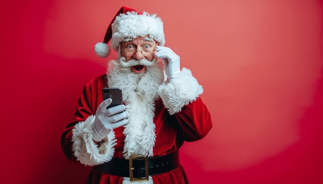 Santa Claus with a phone in his hand and a surprised or puzzled expression on his face