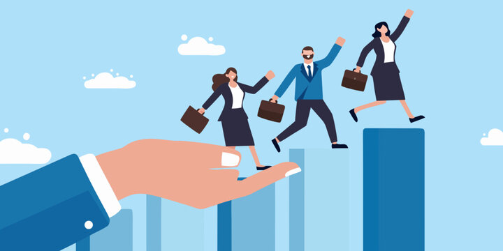 Business people climbing stairs supported by a helping hand