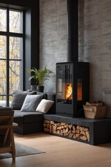 Cozy room black stove, sofa, firewood, big window, textured wall