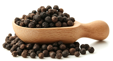 A close up of black peppercorns piled in and around a small wooden scoop on a white background table