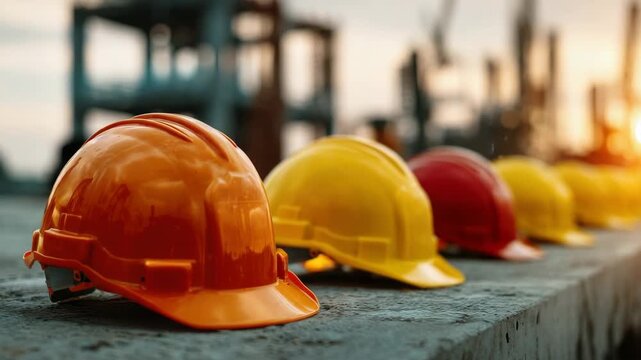 Row Of Colorful Hard Hats Lined Up On Concrete Surface At Construction Site During Golden Hour Sunset With Industrial Structures In Background And Sun Flare
