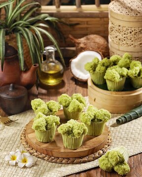 Bolu kukus pandan. Pandan cake blooms, very soft with a distinctive pandan aroma