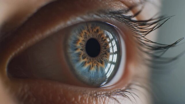 Close-up of a human eye with blue and brown iris and long eyelashes.