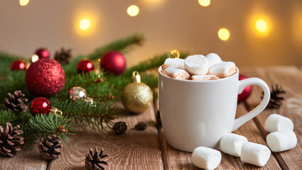 Christmas hot chocolate with marshmallows in white mug on wooden table with pine branches, cones, and baubles. Warm festive holiday mood.
