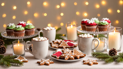 Christmas cupcakes, gingerbread cookies, and hot chocolate with marshmallows on festive table with candles and pine decor. Holiday dessert setup.
