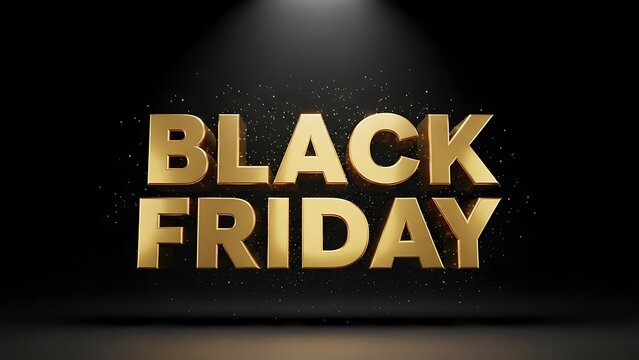Golden 3d black friday text with glittering particles and spotlight illumination for special sales events.