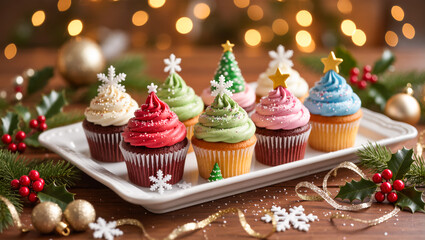 Christmas cupcakes with colorful frosting and festive toppers on white tray, surrounded by holiday decorations, berries, and glowing lights. Sweet celebration.