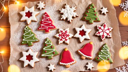 Christmas iced sugar cookies in shapes of trees, stars, snowflakes, and bells on parchment with powdered sugar and festive lights. Colorful holiday treat.