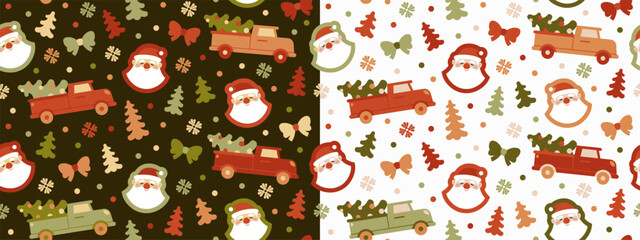 Happy New Year and Merry Christmas background set with cartoon santa claus, car and christmas tree on black background. Festive wallpaper, textile design. Vector illustration