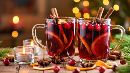 Christmas mulled wine with orange slices, cranberries, cinnamon sticks, and star anise in glass mugs on wooden table with candles. Warm holiday drink.