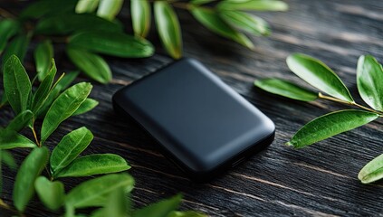 Rectangular gadget amidst green leaves on dark textured wood