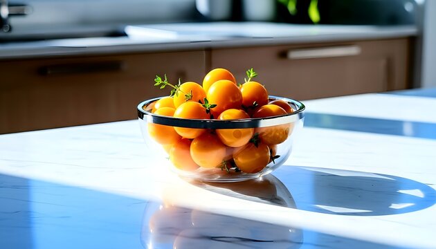 Golden cherry tomatoes sparkle in a crystal bowl on a bright marble kitchen counter, evoking fresh, healthy eating and modern kitchen design inspiration - Powered by Adobe