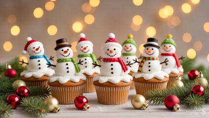 Christmas cupcakes decorated with cute snowmen made of fondant, surrounded by fir branches and baubles. Festive holiday dessert with winter characters.