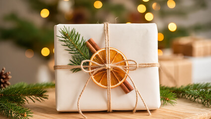 Christmas gift wrapped in white paper and decorated with dried orange slice, cinnamon sticks, and fir twig on wooden table. Eco holiday present idea.