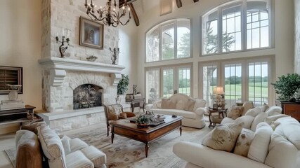 A spacious and elegant country french living room featuring a large stone fireplace, high ceilings with wooden beams, and large windows offering a view of the outdoors