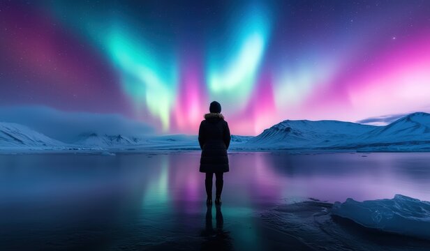 Woman standing alone in winter landscape, admiring vibrant aurora borealis reflecting on frozen lake surface with copy space - Powered by Adobe