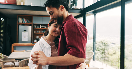 Smile, love and couple dance in home with care, valentines day and marriage commitment to partner. Happy man, woman and holding hands with music for loyalty, support and hug for healthy relationship