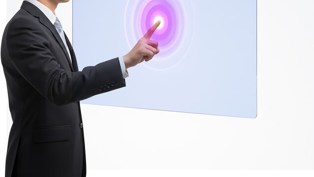 Businessman touching modern interface screen with finger on interactive display