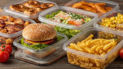 Healthy Meal Prep Containers Set Against Junk Food Showcasing Weight Loss Choices on Wooden Table