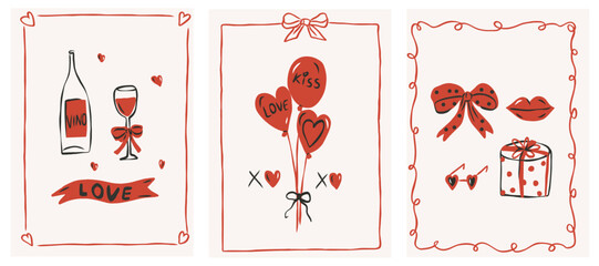 Flat vector whimsical Valentine's day cards or invitations