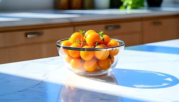Enjoy fresh yellow cherry tomatoes from the garden on a sunny kitchen counter for a healthy and vibrant lifestyle with a touch of summer joy