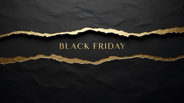 Black friday event banner with luxurious gold torn paper effect on a sophisticated textured backdrop design.