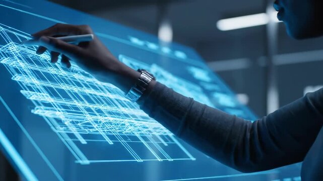 Architect using interactive screen for blueprint design work