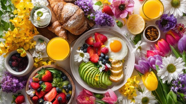 Vibrant spring breakfast spread with fresh fruits and flowers