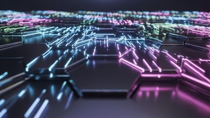Neon light hexagon pattern with glowing blue, pink, and green lines creating futuristic digital surface design featuring vibrant glowing hexagonal grid and dynamic light reflections - Powered by Adobe