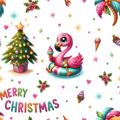 Christmas Flamingo Seamless Pattern, Tropical Holiday Background, Cute Bird with Ice Cream, Warm Weather Merry Christmas
