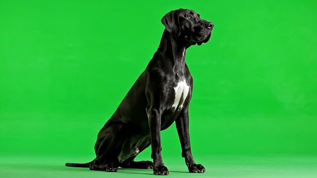 Majestic black Great Dane dog sitting elegantly against a vibrant green background