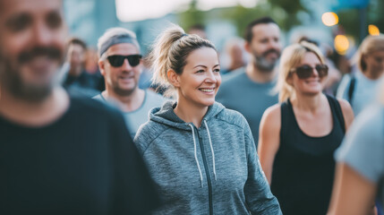 Smiling woman in gray hoodie walking with diverse group outdoors at community fitness event, casual activewear and positive mood